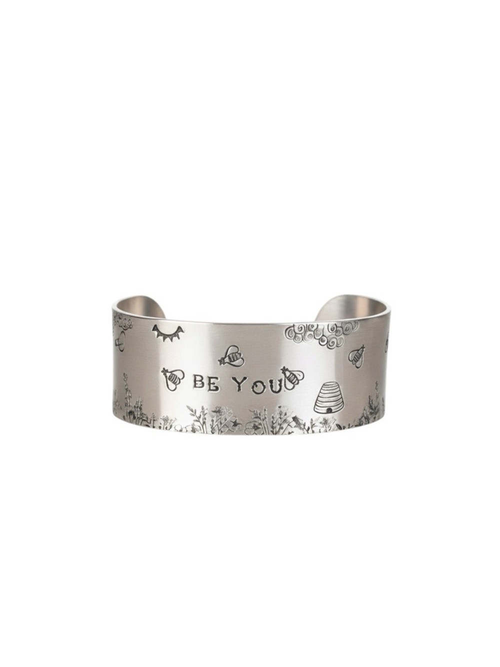 Handmade stamped Be You floral adjustable‎ 
hypoallergenic silver cuff bracelet